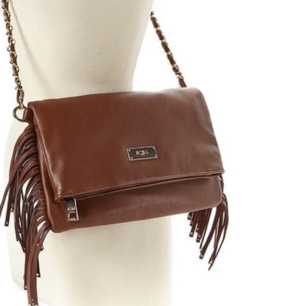 Brown Faux Leather Fringe Chain Fold-over Crossbody Bag Purse